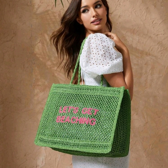 Crocheted Green  Tote Bag Summer Vibes with‎ Statement Beach Bag For Woman - Picture 1 of 6